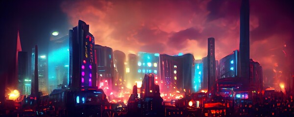Cyberpunk neon city night. Futuristic city scene in a style of pixel art. Backdrop. Wallpaper. Retro future 3D illustration. Urban scene.