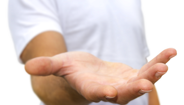 Man in white t-shirt showing empty hand on isolated transparent background. Young adult giving open palm with a close-up focus on fingers - Powered by Adobe