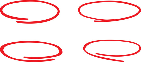 Red circle, pen draw set. Highlight hand drawing different circles isolated on background. Handwritten red circle. For marking text, numbers, marker pen, pencil and text check, vector illustration