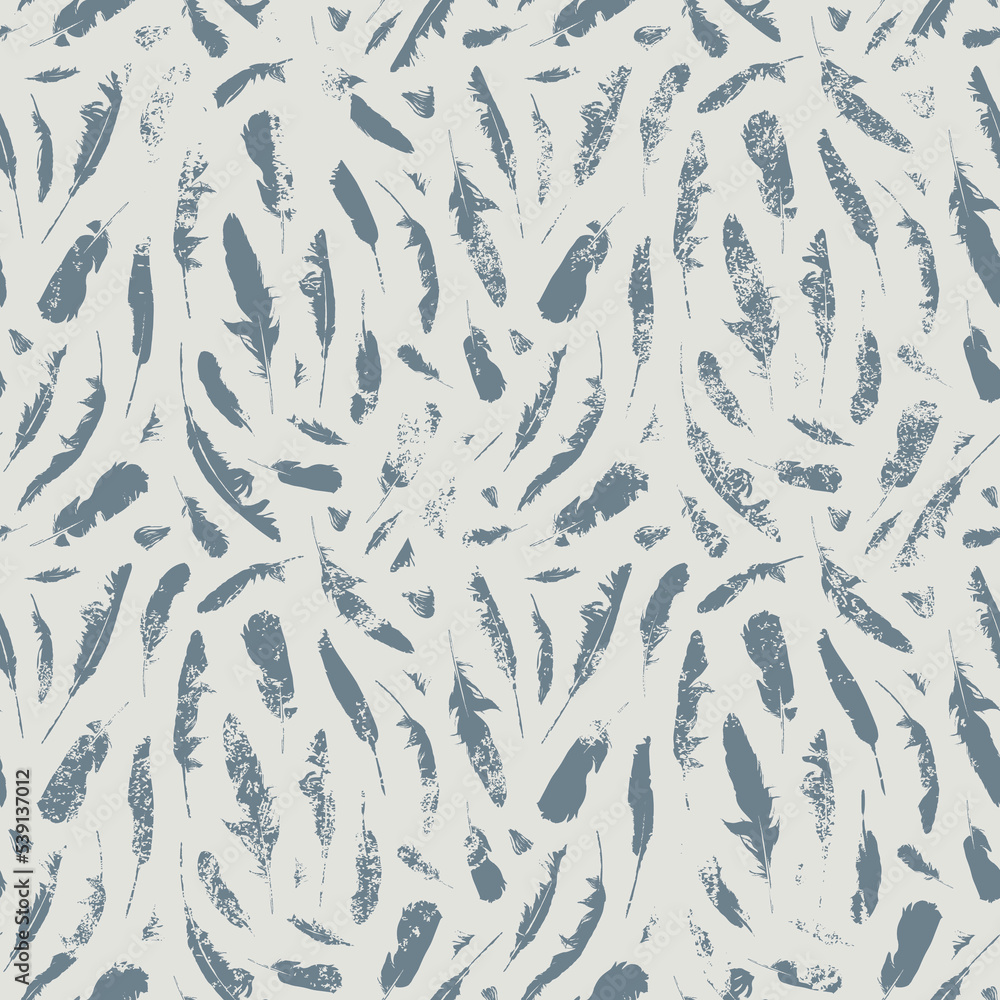 Poster grunge seamless pattern with grey disheveled feathers on a light backdrop. vector repeating backgrou