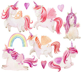 Set of watercolor unicorns.