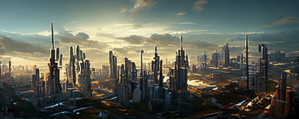 Naklejka premium Alien Planet. Futuristic fantasy landscape, sci-fi landscape with planet, neon light, cold planet. 3d illustration. Great for use in your creative projects.