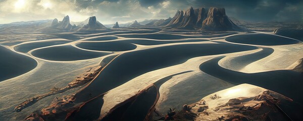 Alien Planet. Futuristic fantasy landscape, sci-fi landscape with planet, neon light, cold planet. 3d illustration. Great for use in your creative projects.