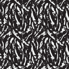 Abstract seamless pattern with chaotic scattered black and white feathers. Monochrome vector background with disheveled bird plumelets. Grunge style wallpaper, wrapping paper, clothing, fabric design