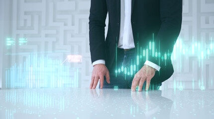 Close up of businessman useing futuristic table with charts holograms. Digital technologies, virtual interface 3d data visualization. Online marketing and analytics, iot trading platform