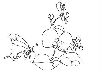 Nature spring flower with butterfly. illustration.Continuous one line 