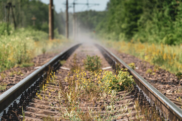 Obraz premium The railway going to where the unknown is. Background blur. Philosophical concept