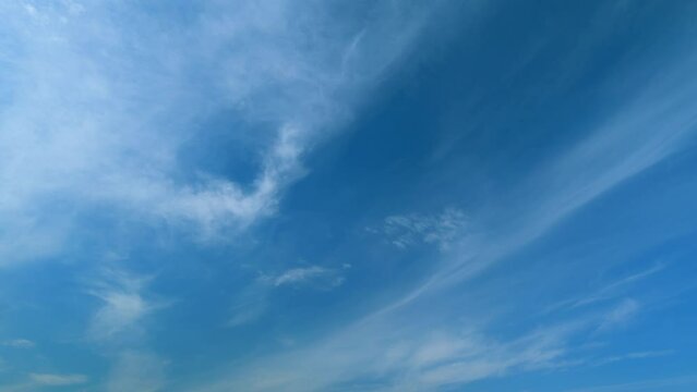 Cloudscape moving on beautiful bright sunny clear blue sky. Cirrostratus cloudscape slowly moved on daylight horizon. Timelapse.