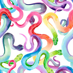 Obraz premium Colorful seamless pattern with snakes. Watercolor illustration.