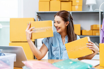 Entrepreneurs Small Business SME freelance, young Asian woman holding parcel box and sitting on chair, she is happy smile work at home, online marketing packing box delivery, online sales