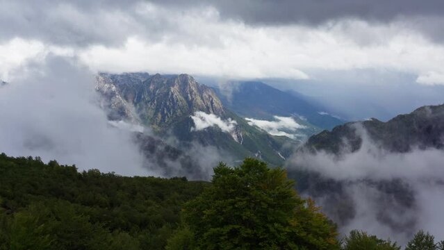 Epic aerial reveal of mountain scenery, National Park Thet, Albania