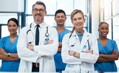 Doctors, nurses and team portrait in hospital, clinic or medical office. Teamwork, diversity and...
