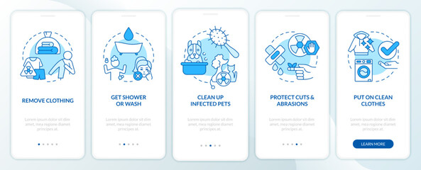 Decontaminate after radiation blue onboarding mobile app screen. Walkthrough 5 steps editable graphic instructions with linear concepts. UI, UX, GUI template. Myriad Pro-Bold, Regular fonts used