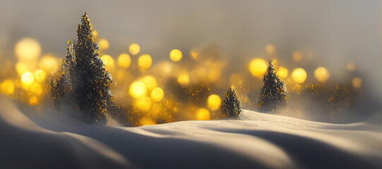 Abstract winter landscape with snow, Christmas tree  and golden bokeh lights - Banner, Panorama, Generative AI	 - obrazy, fototapety, plakaty