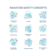 Radiation safety turquoise concept icons set. Radioactive contamination surviving idea thin line color illustrations. Isolated symbols. Editable stroke. Roboto-Medium, Myriad Pro-Bold fonts used