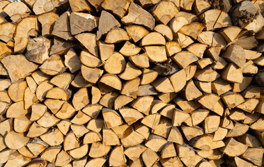 Background of chopped firewood closeup