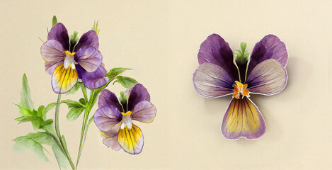Wild pansy (Viola tricolor). Botanical illustration on white paper. The best medicinal plants, their effects and contraindications. Natural medicine. Plant properties