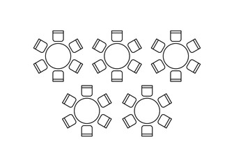 Plan for arranging seats and tables in interior on event banquet, layout graphic outline elements. Chairs and tables signs in scheme architectural plan. Furniture, top view. Vector line