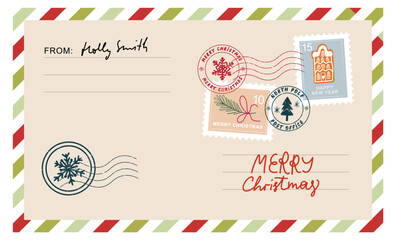 Christmas envelope with stamps, seals and inscriptions Merry Christmas..