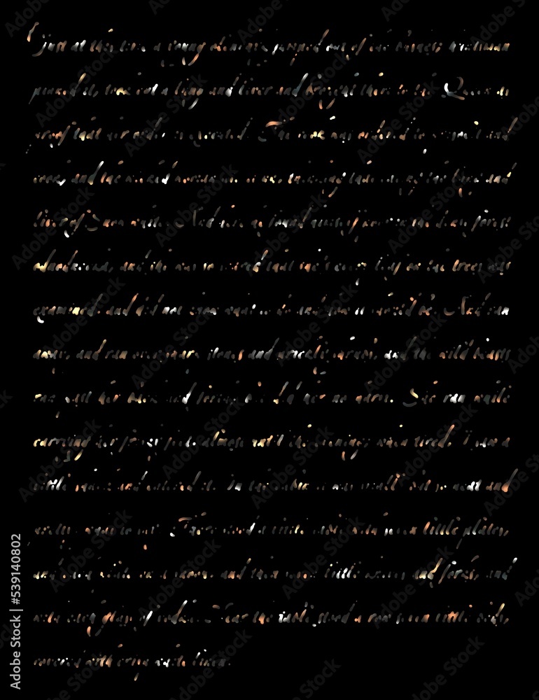 Poster magical elvish language text - sparkling unreadable handwriting manuscript on black background isola