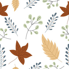 Fototapeta premium Autumn seamless pattern with leaves and plants. Vector version