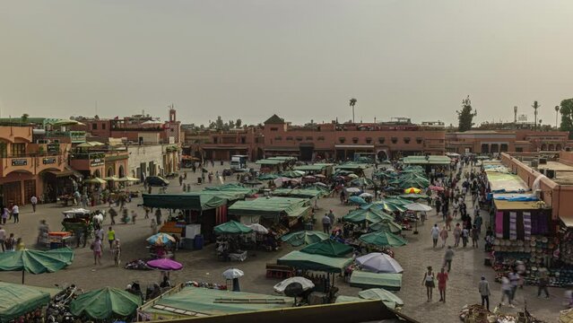 Morning view timelapse of Jemaa el Fna square in central Marrakesh medina