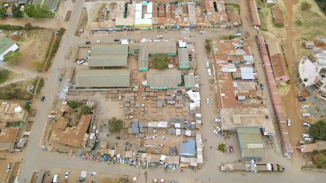 Cityscape-drone view drone flying in the small village of Loitokitok small town in Kenya Africa. Drought in Kenya in rural Africa- Climate change- Poverty