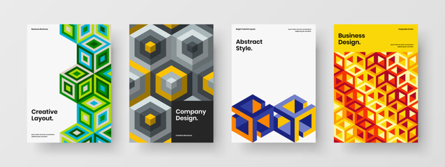 Fototapeta premium Vivid handbill design vector template set. Premium geometric hexagons booklet concept composition.