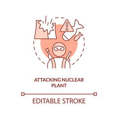 Obraz premium Attacking nuclear plant orange concept icon. Terrorism. Contamination accident cause abstract idea thin line illustration. Isolated outline drawing. Editable stroke. Arial, Myriad Pro-Bold fonts used