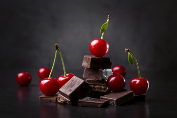 Pieces of dark chocolate and fresh cherry on a dark background. Copy space