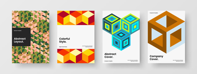 Colorful book cover vector design layout composition. Vivid mosaic pattern company brochure illustration set.