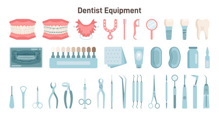 Dentist equipment set. Professional medical instruments and equipment