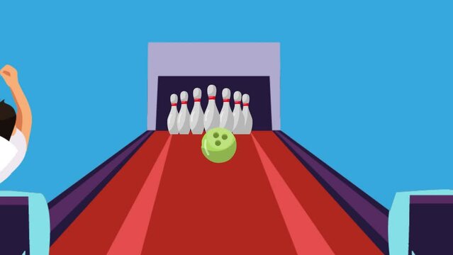 In this video you see someone playing bowling. And he strikes and gets points and wins.