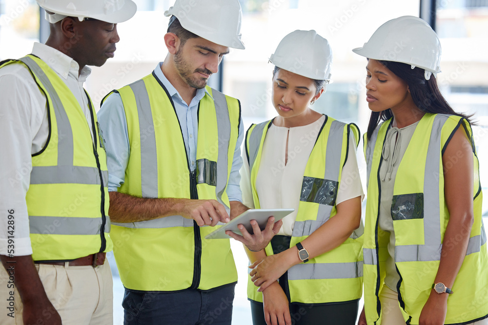Poster teamwork, construction and architecture tablet planning, design and check online blueprint of buildi