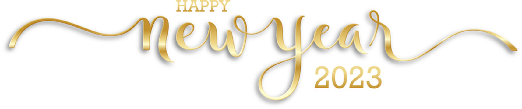 HAPPY NEW YEAR 2023 metallic gold calligraphy banner on transparent background