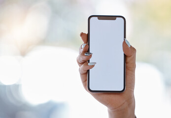 Woman, hands and phone with mockup space for travel app marketing, gps logo or map design ux for tourist travel. Zoom, 5g mobile or communication technology with mock up for social media advertising
