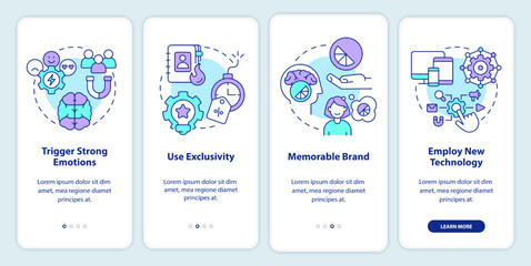 Client emotions and improving experience onboarding mobile app screen. Walkthrough 4 steps editable graphic instructions with linear concepts. UI, UX, GUI template. Myriad Pro-Bold, Regular fonts used
