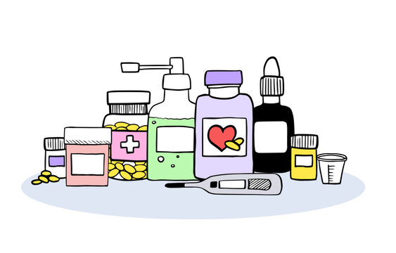 recommend clip art: Set of first aid elements. Health care and medicine elements. Doodle style vector illustration