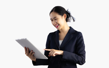 Asian businesswoman holding tablet computer smiling chating and touching on screen white background.
