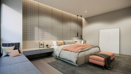 3d rendering bedroom interior design and decoration with red pastel side sofa, grey carpet grey color concrete wall empty photo frame on floor.
