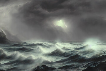 Obraz na płótnie Canvas Stormy ocean with heavy clouds in the day.