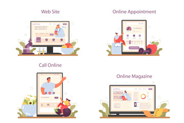 Nutritionist online service or platform set. Nutrition therapy with healthy