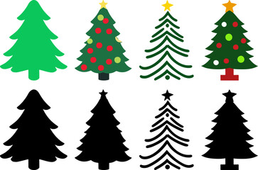 Christmas green tree with star. Holiday decoration black silhouette set