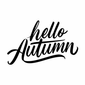 Hello, Autumn lettering text. Hand lettering seasonal phrase. Fall season handwritten linear style. Welcome autumn banner.