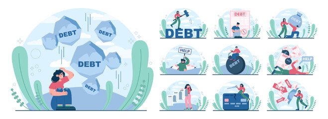 Debt concept set. Character with a loan liability. Problem with finance