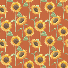 Beautiful floral seamless pattern with watercolor hand drawn yellow sunflowers. Stock illustration.