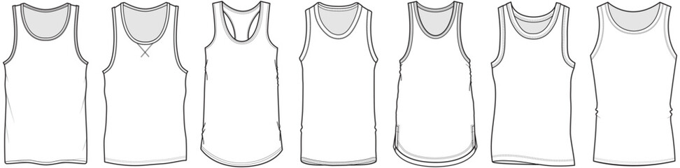 mens sleeveless underwear vests, inner wear tank tops, undershirts fashion flat sketch vector illustration technical drawing template, cad mockup.