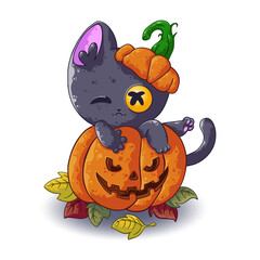 Cute cartoon kitten in a Halloween pumpkin. Vector illustration isolated on white background. Festive illustration perfect for gift card, home decor and textile.