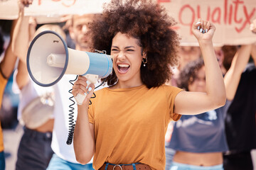 Megaphone, equality or women rights protest for global change, gender equality or angry black woman fight for support. Crowd poster banner, city speech or human rights rally by social justice warrior