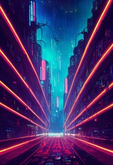 Cyberpunk neon city night. Futuristic city scene. Backdrop. Wallpaper. Retro future 3D illustration. Urban sci fi scene.